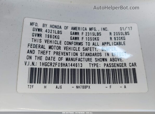 1HGCR2F09HA144613 2017 HONDA ACCORD White Вид підкапотного простору