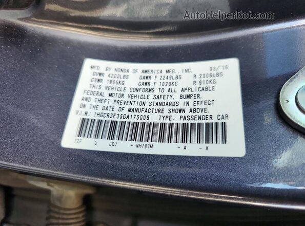 1HGCR2F35GA175009 2016 HONDA ACCORD Gray 
