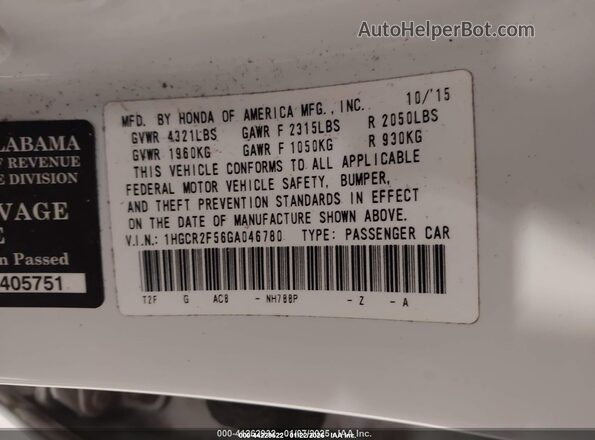 1HGCR2F56GA046780 2016 HONDA ACCORD White Engine compartment view