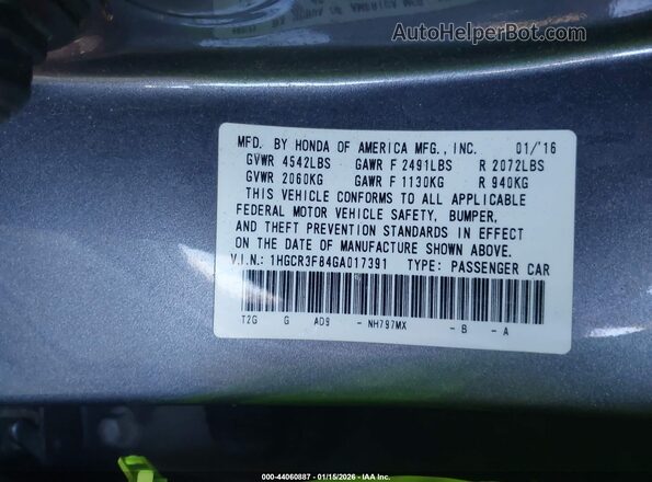 1HGCR3F84GA017391 2016 HONDA ACCORD Gray Engine compartment view