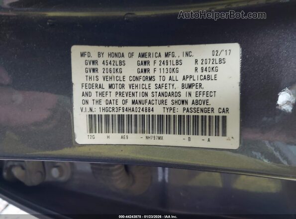 1HGCR3F94HA024884 2017 HONDA ACCORD Gray Widok komory silnika