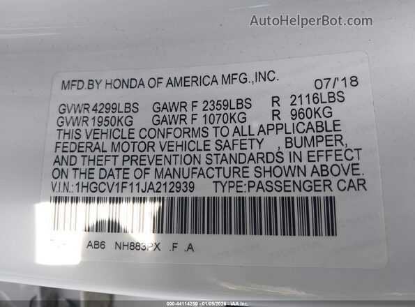 1HGCV1F11JA212939 2018 HONDA ACCORD White Շարժիչի բաժամունքի տեսք