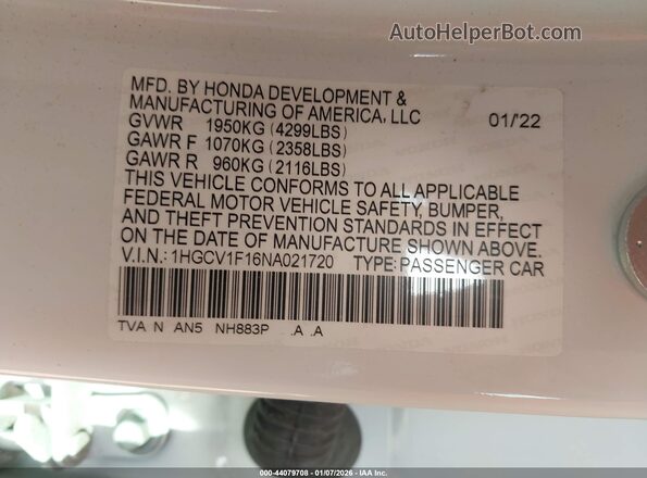 1HGCV1F16NA021720 2022 HONDA ACCORD Белый Вид подкапотного пространства