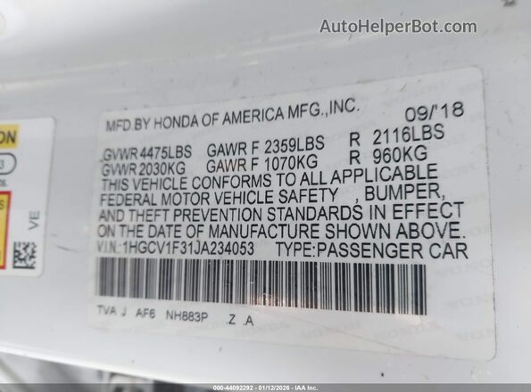 1HGCV1F31JA234053 2018 HONDA ACCORD White Շարժիչի բաժամունքի տեսք