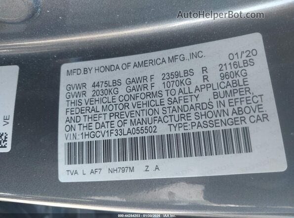 1HGCV1F33LA055502 2020 HONDA ACCORD Gray Vista del compartimento del motor