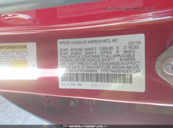 1HGCV1F37KA056893 2019 HONDA ACCORD Red 
