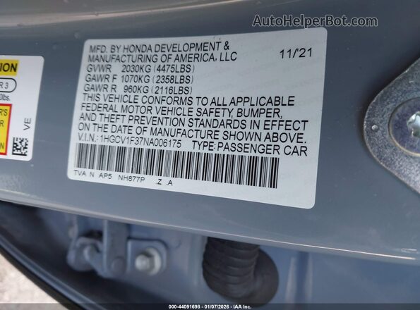 1HGCV1F37NA006175 2022 HONDA ACCORD Серый Вид подкапотного пространства