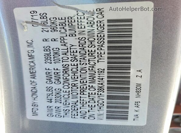 1HGCV1F38KA141192 2019 HONDA ACCORD Silver Вид підкапотного простору