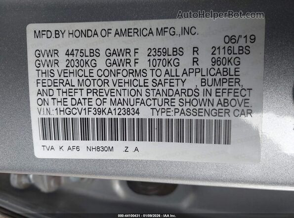1HGCV1F39KA123834 2019 HONDA ACCORD Silver ძრავის განყოფილების ხედი