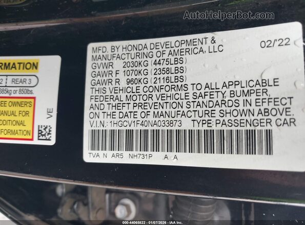 1HGCV1F40NA033873 2022 HONDA ACCORD Black ძრავის განყოფილების ხედი