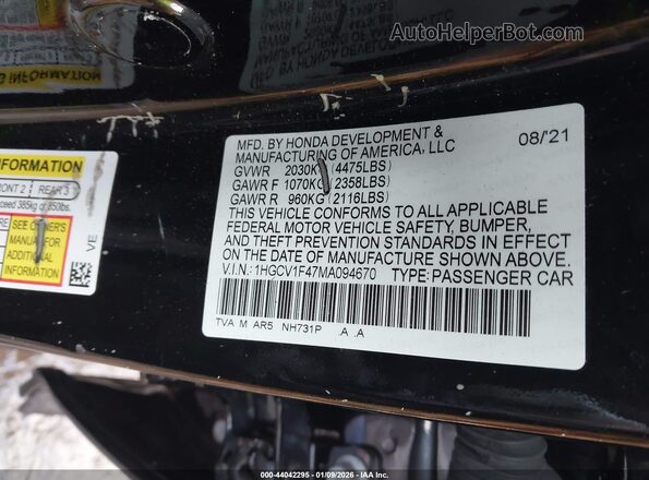 1HGCV1F47MA094670 2021 HONDA ACCORD Black ძრავის განყოფილების ხედი