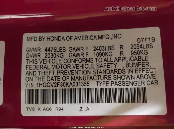 1HGCV2F30KA031355 2019 HONDA ACCORD Red Вид підкапотного простору