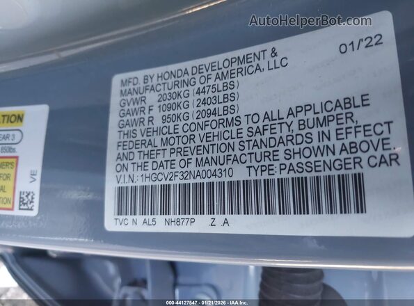 1HGCV2F32NA004310 2022 HONDA ACCORD Gray 