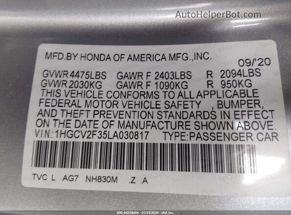 1HGCV2F35LA030817 2020 HONDA ACCORD Gray Вид підкапотного простору