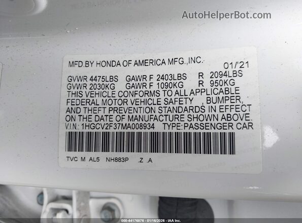 1HGCV2F37MA008934 2021 HONDA ACCORD Белый 