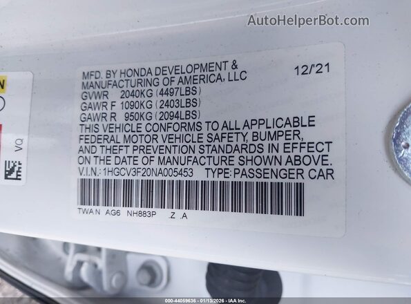 1HGCV3F20NA005453 2022 HONDA ACCORD Белый Вид подкапотного пространства