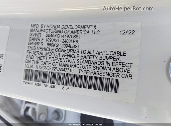1HGCV3F22NA047719 2022 HONDA ACCORD White ძრავის განყოფილების ხედი