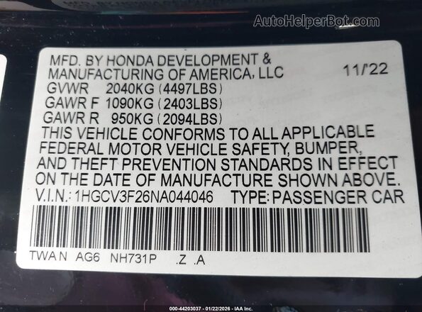 1HGCV3F26NA044046 2022 HONDA ACCORD HYBRID Black Widok komory silnika