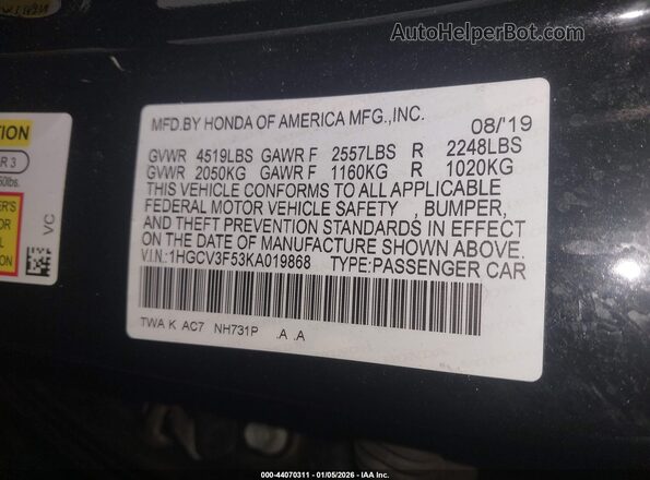 1HGCV3F53KA019868 2019 HONDA ACCORD Black Շարժիչի բաժամունքի տեսք