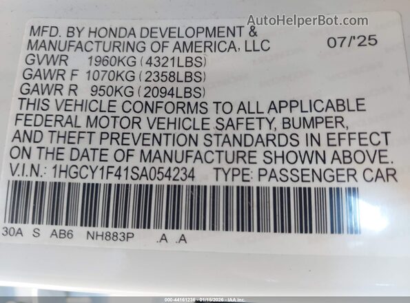 1HGCY1F41SA054234 2025 HONDA ACCORD White Вид підкапотного простору