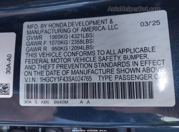 1HGCY1F43SA024765 2025 HONDA ACCORD Blue ძრავის განყოფილების ხედი