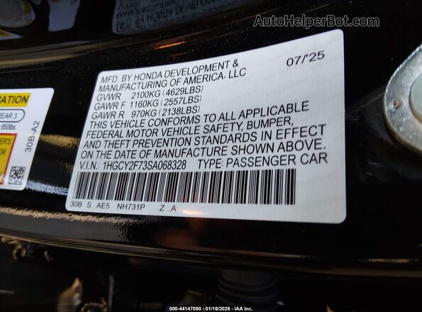 1HGCY2F73SA068328 2025 HONDA ACCORD Black ძრავის განყოფილების ხედი