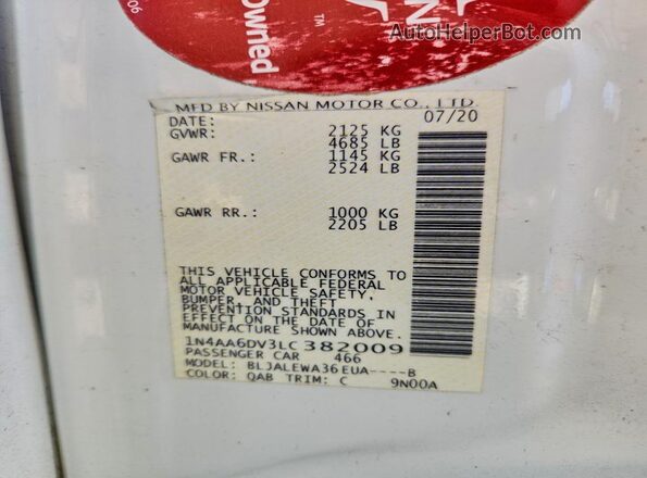 1N4AA6DV3LC382009 2020 NISSAN MAXIMA SL White 