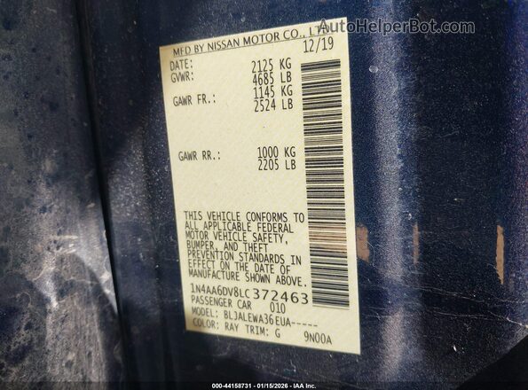 1N4AA6DV8LC372463 2020 NISSAN MAXIMA SL Blue 