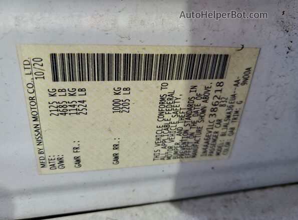 1N4AA6EV1LC386218 2020 NISSAN MAXIMA SR White Widok komory silnika