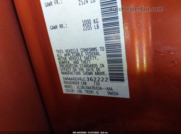 1N4AA6EV4LC362222 2020 NISSAN MAXIMA SR Orange Widok komory silnika