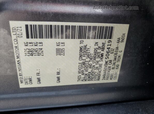1N4AA6EV8MC506419 2021 NISSAN MAXIMA SR Gray VIN კოდის სტიკერის ხედი
