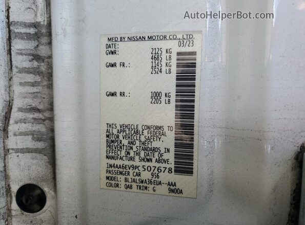 1N4AA6EV9PC507678 2023 NISSAN MAXIMA SR White Vista de la etiqueta del VIN