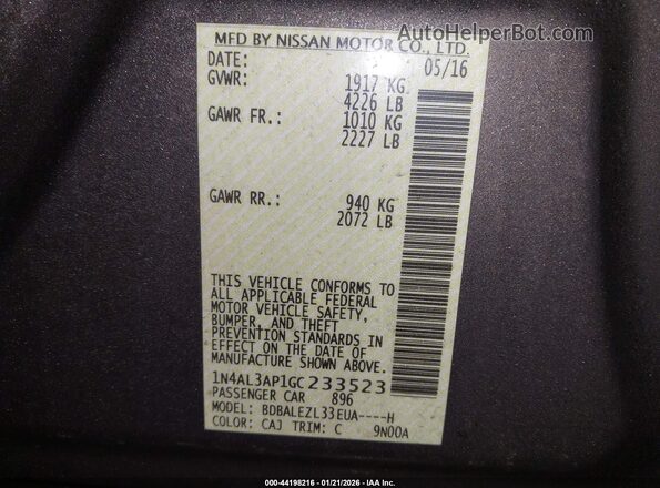 1N4AL3AP1GC233523 2016 NISSAN ALTIMA Champagne Vista del compartimento del motor