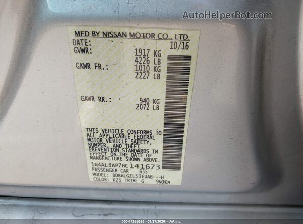 1N4AL3AP7HC141673 2017 NISSAN ALTIMA Silver Vista del compartimento del motor