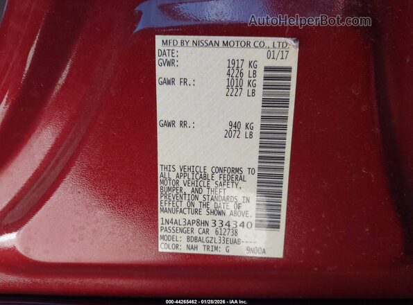 1N4AL3AP8HN334340 2017 NISSAN ALTIMA Красный Вид подкапотного пространства