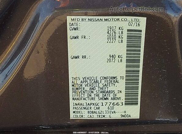 1N4AL3APXGC177663 2016 NISSAN ALTIMA Brown Շարժիչի բաժամունքի տեսք