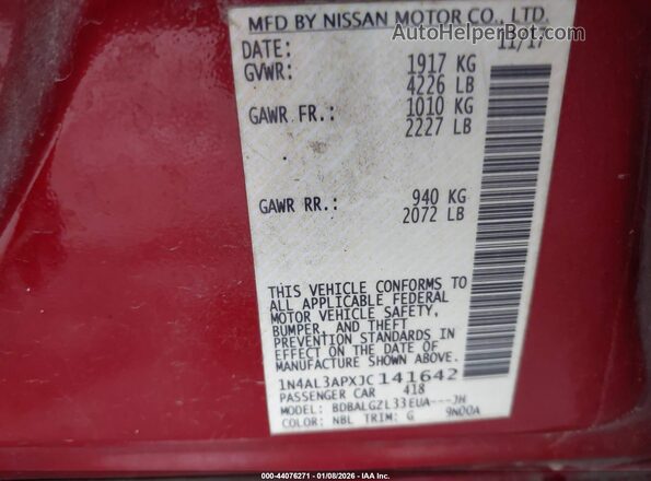 1N4AL3APXJC141642 2018 NISSAN ALTIMA Burgundy Vista del compartimento del motor