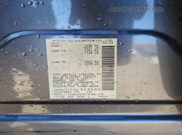 1N4AZ1CP2KC313552 2019 NISSAN LEAF Gray Vista de la etiqueta del VIN