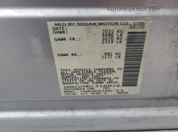 1N4AZ1CP8LC310026 2020 NISSAN LEAF Silver Вид наклейки з VIN-кодом