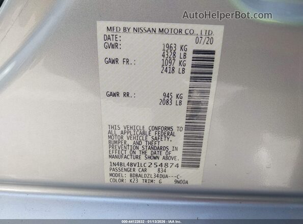 1N4BL4BV1LC254874 2020 NISSAN ALTIMA Silver Շարժիչի բաժամունքի տեսք