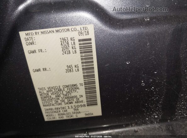 1N4BL4BV3KC115098 2019 NISSAN ALTIMA Серый Вид подкапотного пространства