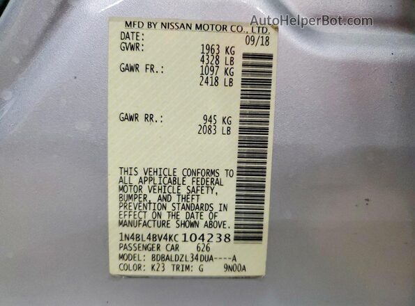 1N4BL4BV4KC104238 2019 NISSAN ALTIMA Silver Widok komory silnika