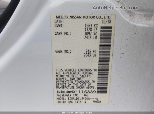 1N4BL4BV6KC116889 2019 NISSAN ALTIMA White Engine compartment view