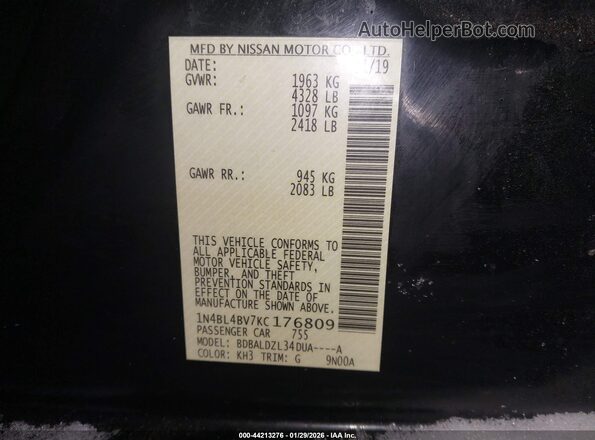 1N4BL4BV7KC176809 2019 NISSAN ALTIMA Черный 