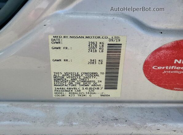 1N4BL4BV8LC168087 2020 NISSAN ALTIMA Gray Вид наклейки з VIN-кодом