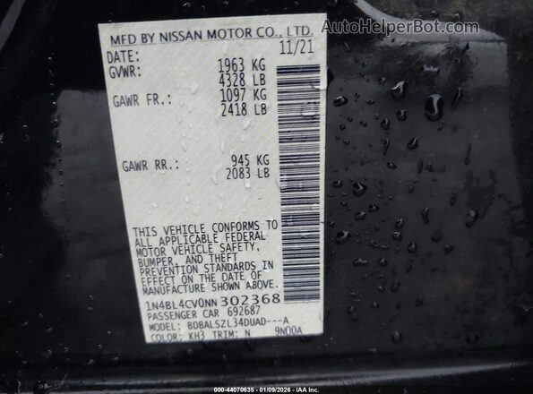 1N4BL4CV0NN302368 2022 NISSAN ALTIMA Black Вид підкапотного простору