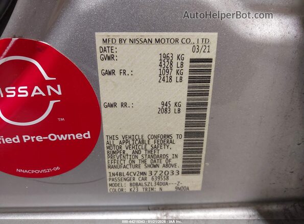1N4BL4CV2MN372033 2021 NISSAN ALTIMA Silver Widok komory silnika
