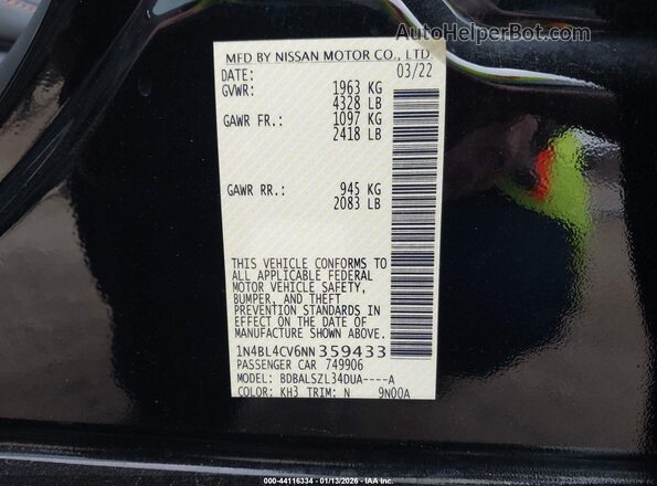 1N4BL4CV6NN359433 2022 NISSAN ALTIMA Black Շարժիչի բաժամունքի տեսք