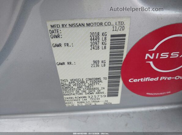 1N4BL4CWXMN325759 2021 NISSAN ALTIMA Silver Շարժիչի բաժամունքի տեսք