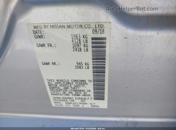 1N4BL4DV0KC106677 2019 NISSAN ALTIMA Серебряный Вид подкапотного пространства